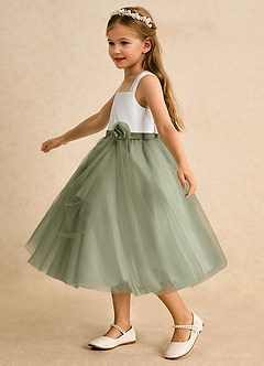 Azazie Bonny 플라워 걸 드레스 볼가운 주름진 얇실버 명주 그물 티 길이 드레스 image1