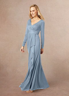 Azazie Risa Mother of the Bride Dresses Dusty Blue Mermaid V-Neck Pleated Mesh Dress image2