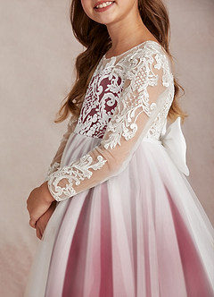 Azazie Elodie Flower Girl Dresses Ivory Burgundy Ball-Gown Lace Dress image7