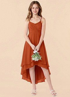 Azazie Mariam Junior Robe Trapèze en Mousseline de soie Plissée Orange Brûlée image4