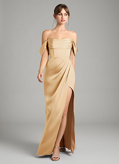 Azazie Johana Bridesmaid Dresses Gold Mermaid Off the Shoulder Stretch Satin Convertible Dress image5