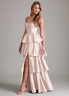 Azazie Faye Bridesmaid Dresses Blushing Pink A-Line Ruched Stretch Satin Dress image3