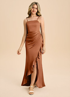 Azazie Buzzy Junior Copper Sheath Pleated Stretch Satin Dress image5