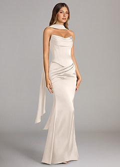 Azazie Sorrel Robes de demoiselle d'honneur Robe Sirène Convertible en Satin extensible Bustier Albâtre Blanc image3