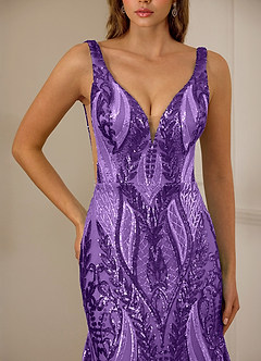 Jade Purple Sequin Satin Side Split Deep V-neck Mermaid Marine Prom Dress image4