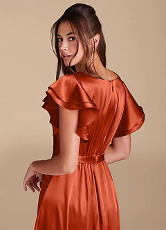 Azazie Daphne Modest Bridesmaid Dresses A-Line Ruched Metallic Satin Floor-Length Dress image6