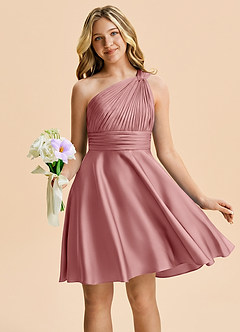 Azazie Charlize Junior Vestido Rosa Polvorienta de Satén Elástico de Corte en A con Plisado image5