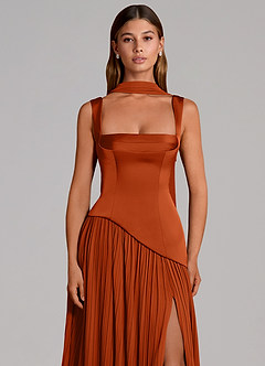 Azazie Stephanie Vestidos de damas de honor Vestido de Naranja Quemada de Satén Elástico de Corte en A con Plisado image6