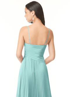 Azazie Vini Bridesmaid Dresses Aqua A-Line V-Neck Pleated Chiffon Dress image5