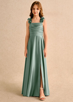 Azazie Rosita Girls Formal Robe Demoiselle D'honneur Fillette Robe Trapèze en Mat Satiné Plissé Sauge D'argent image3