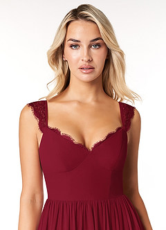 Azazie Cleobella Robes de demoiselle d'honneur Robe Trapèze en Mousseline de soie Dentelle en forme de cœur Bourgogne image6