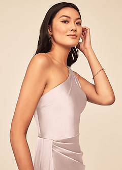Azazie Maron Bridesmaid Dresses Blushing Pink A-Line One Shoulder Stretch Satin Dress image6