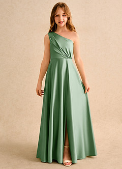 Azazie Puddles Girls Formal Flower Girl Dresses Matcha A-Line One Shoulder Matte Satin Dress image4