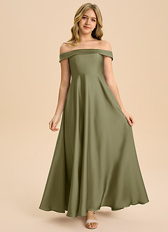 Azazie Sissy Junior Abito A-Line in Raso Elasticizzato a Spalla Scoperta Pistacchio image4