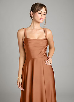 Azazie Shaude Bridesmaid Dresses Copper A-Line Pleated Stretch Satin Dress image3