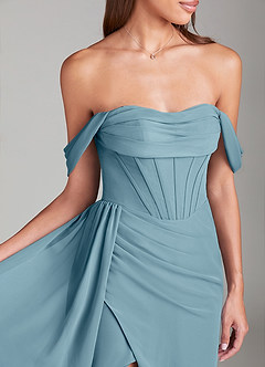 Azazie Amyra Bridesmaid Dresses Moody Blue Sheath Off the Shoulder Chiffon Convertible Dress image5