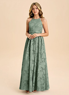 Azazie Arianthe Junior Matcha A-Line Pleated Floral Burnout Dress image4
