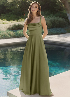 Azazie Shaude Bridesmaid Dresses Pistachio A-Line Pleated Stretch Satin Dress image4