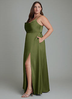 Azazie Sarella Bridesmaid Dresses Olive A-Line Pleated Stretch Satin Dress image11