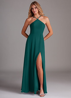 Azazie Bailey Bridesmaid Dresses Peacock A-Line Halter Side Slit Chiffon Dress image5