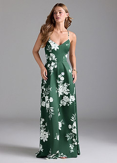 Azazie Mei Bridesmaid Dresses Green Botanicals A-Line V-Neck Stretch Satin Dress image1
