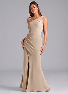 Azazie Madelyn Bridesmaid Dresses Taupe Mermaid Off the Shoulder Chiffon Convertible Dress image5