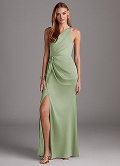 Azazie Mika Bridesmaid Dresses Dusty Sage Sheath One Shoulder Stretch Satin Dress image3
