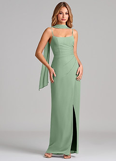 Azazie Calandra At-home Try On Dresses Dusty Sage Sheath Pleated Chiffon Dress image1