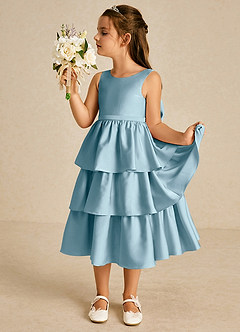 Azazie Margery Blumenmädchenkleider A-Linie Schleifen Stretch-Satin Kleid Stimmungsvolles Blau image4