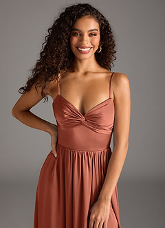 Azazie Zeya Bridesmaid Dresses Clay A-Line Pleated Stretch Satin Dress image3