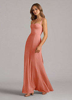 Azazie Amaris Bridesmaid Dresses Coral A-Line Corset Stretch Satin Dress image4