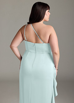 Azazie Latrice Bridesmaid Dresses Sea Glass Sheath One Shoulder Cascading Ruffles Stretch Satin Dress image12
