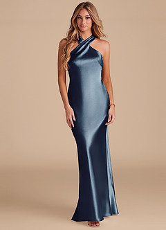 Azazie Doretta Bridesmaid Dresses Dark Navy Mermaid Bow Metallic Satin Dress image3