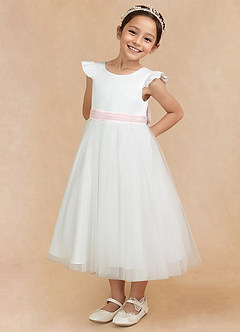 Azazie Hemi Flower Girl Dresses Ivory Blushing Pink A-Line Bow Tulle Dress image2