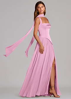 Azazie Stephanie Vestidos de damas de honor Vestido de Rosa Caramelo de Satén Elástico de Corte en A con Plisado image3