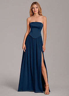 Azazie Cadence Bridesmaid Dresses Dark Navy A-Line Corset Stretch Satin Convertible Dress image5