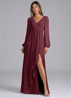Azazie Liah Abiti da Damigella Abito A-Line in Chiffon Maniche Lunghe Cabernet image1
