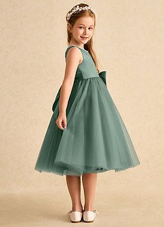 Azazie Twinsie Flower Girl Dresses Eucalyptus A-Line Bow Tulle Dress image4