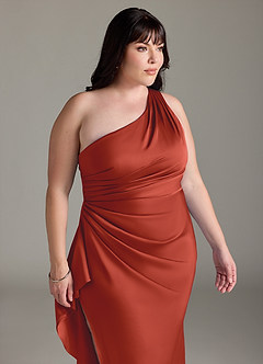 Azazie Latrice Bridesmaid Dresses Rust Sheath One Shoulder Cascading Ruffles Stretch Satin Dress image11