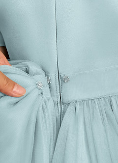 Azazie Janna Flower Girl Dresses Mist A-Line with Sleeves Matte Satin Dress image7