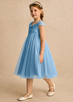 Azazie Lottie Robe Demoiselle D'honneur Fillette Robe Trapèze en Tulle Dentelle Acier Bleuté image5