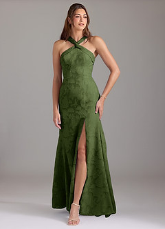 Azazie Rue Bridesmaid Dresses Olive A-Line Pleated Floral Burnout Dress image1