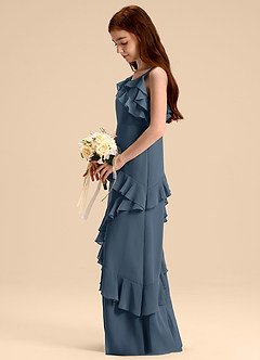 Azazie Evara Junior Abito A-Line in Chiffon Blu Nettuno image5