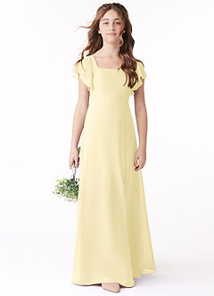 Azazie Bondi Junior Lemon Sorbet A-Line Bow Chiffon Dress image2