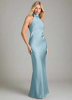 Azazie Velli Vestidos de damas de honor Vestido de Azul Malhumorado de Satén Elástico de Corte Sirena con Cuello Alto image4