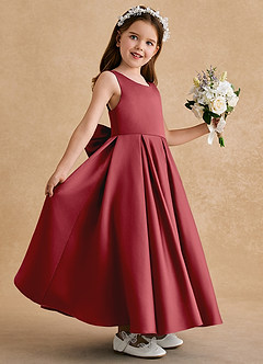 Azazie Honey Bear Flower Girl Dresses Pomegranate A-Line Pleated Matte Satin Dress image5