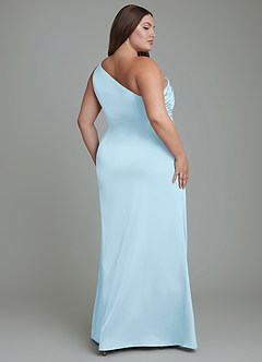 Azazie Akilah At-home Try On Dresses Sky Blue Mermaid One Shoulder Stretch Satin Dress image9