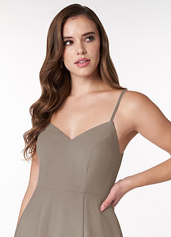 Azazie Clarissa Bridesmaid Dresses Taupe A-Line V-Neck Chiffon Dress image5