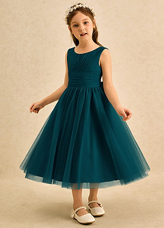 Azazie Macaron Jurken voor bloemenmeisjes A-Lijn Jurk van Tule Geplooid Pijnboom image4