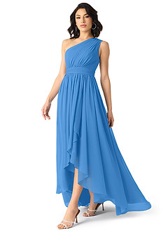 Azazie Mathilda Vestidos de damas de honor Vestido de Azul Grisaceo de Gasa de Corte en A con Hombro unilateral image3